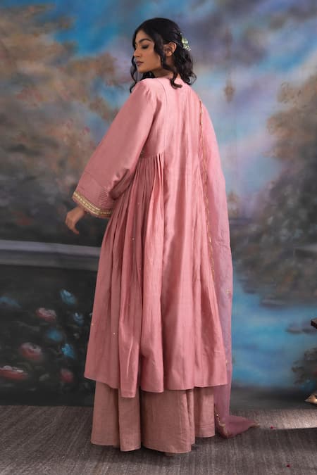Shop Meesa Pink Pure Katan Silk Embroidered Work Gathered Kurta Palazzo Set at Aza Fashions Shop_Meesa_Pink Pure Katan Silk Embroidered Work Gathered Kurta Palazzo Set _at_Aza_Fashions
