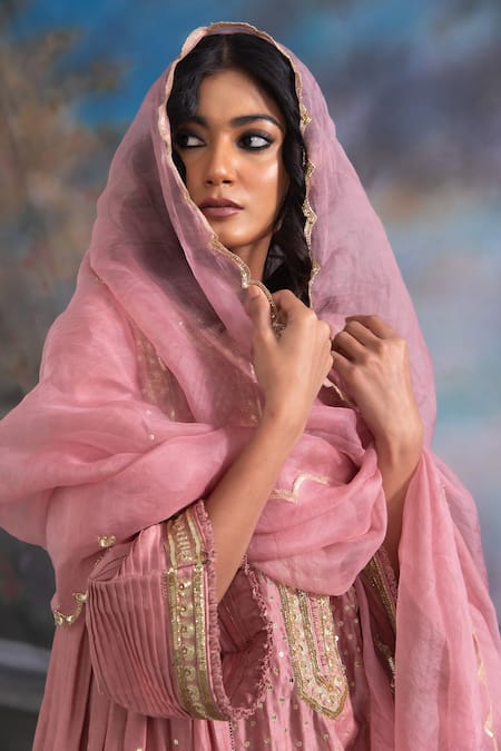 Meesa Pink Pure Katan Silk Embroidered Work Gathered Kurta Palazzo Set Online at Aza Fashions Meesa_Pink Pure Katan Silk Embroidered Work Gathered Kurta Palazzo Set _Online_at_Aza_Fashions