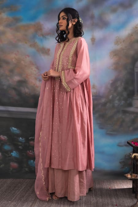 Buy Meesa Pink Pure Katan Silk Embroidered Work Gathered Kurta Palazzo Set Online at Aza Fashions Buy_Meesa_Pink Pure Katan Silk Embroidered Work Gathered Kurta Palazzo Set _Online_at_Aza_Fashions