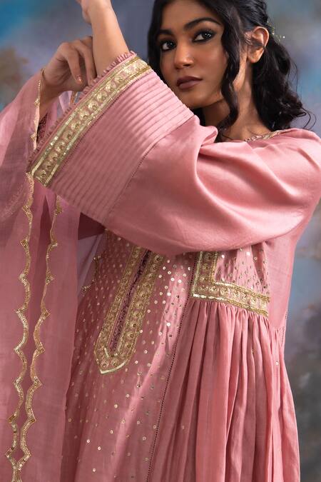 Shop Meesa Pink Pure Katan Silk Embroidered Work Gathered Kurta Palazzo Set Online at Aza Fashions Shop_Meesa_Pink Pure Katan Silk Embroidered Work Gathered Kurta Palazzo Set _Online_at_Aza_Fashions