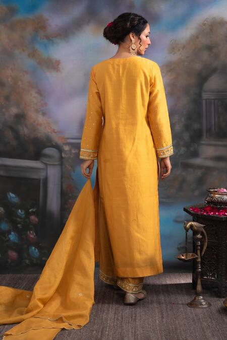 Shop Meesa Yellow Chanderi Silk Placed Moon Pattern Kurta Palazzo Set at Aza Fashions Shop_Meesa_Yellow Chanderi Silk Placed Moon Pattern Kurta Palazzo Set _at_Aza_Fashions