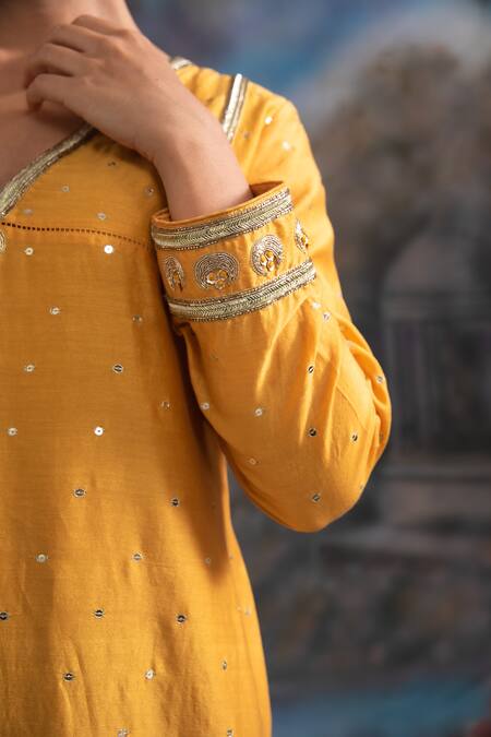 Meesa Yellow Chanderi Silk Placed Moon Pattern Kurta Palazzo Set Online at Aza Fashions Meesa_Yellow Chanderi Silk Placed Moon Pattern Kurta Palazzo Set _Online_at_Aza_Fashions