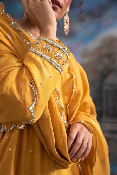 Buy Meesa Yellow Chanderi Silk Placed Moon Pattern Kurta Palazzo Set Online at Aza Fashions Buy_Meesa_Yellow Chanderi Silk Placed Moon Pattern Kurta Palazzo Set _Online_at_Aza_Fashions