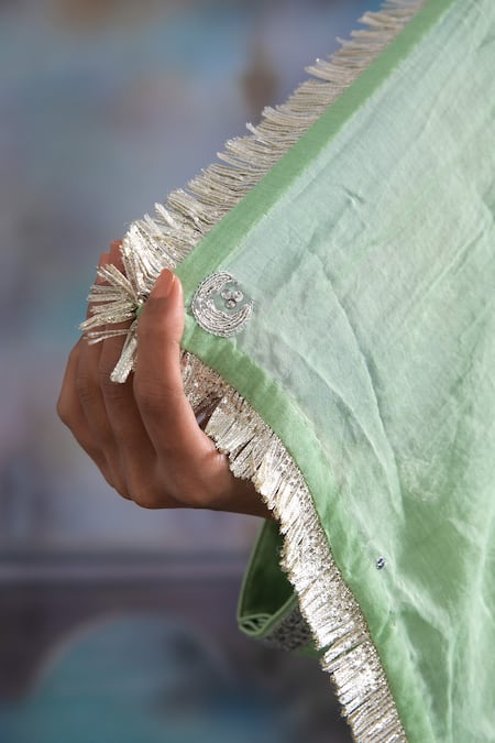 Meesa_Green Chanderi Silk Embroidered Sequin V Neck Moon Kurta Pant Set  _Online_at_Aza_Fashions