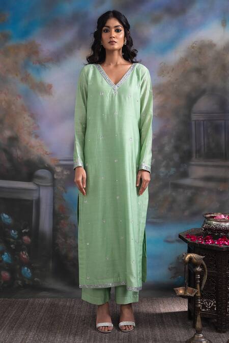 Shop_Meesa_Green Chanderi Silk Embroidered Sequin V Neck Moon Kurta Pant Set  _Online_at_Aza_Fashions
