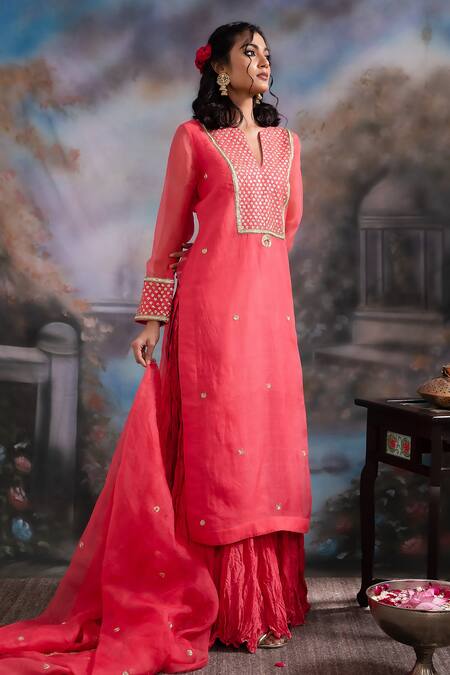 Buy Meesa Coral Chanderi , Kota Doria, Sequins, Zari, Sitare Kurta Sharara Set Online at Aza Fashions Buy_Meesa_Coral Chanderi , Kota Doria, Sequins, Zari, Sitare Kurta Sharara Set _Online_at_Aza_Fashions
