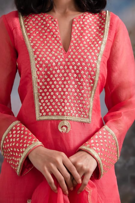 Shop Meesa Coral Chanderi , Kota Doria, Sequins, Zari, Sitare Kurta Sharara Set Online at Aza Fashions Shop_Meesa_Coral Chanderi , Kota Doria, Sequins, Zari, Sitare Kurta Sharara Set _Online_at_Aza_Fashions