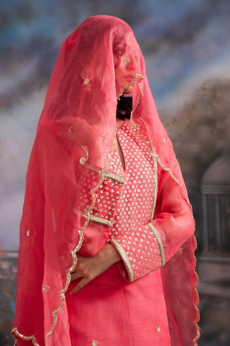 Meesa Coral Chanderi , Kota Doria, Sequins, Zari, Sitare Kurta Sharara Set at Aza Fashions Meesa_Coral Chanderi , Kota Doria, Sequins, Zari, Sitare Kurta Sharara Set _at_Aza_Fashions