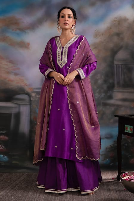 Meesa Purple Silk, Cotton, Placed Moon Kurta Sharara Set 