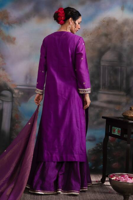 Shop Meesa Purple Silk, Cotton, Placed Moon Kurta Sharara Set at Aza Fashions Shop_Meesa_Purple Silk, Cotton, Placed Moon Kurta Sharara Set _at_Aza_Fashions