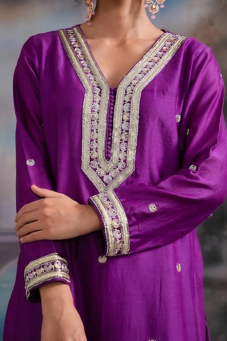 Shop Meesa Purple Silk, Cotton, Placed Moon Kurta Sharara Set Online at Aza Fashions Shop_Meesa_Purple Silk, Cotton, Placed Moon Kurta Sharara Set _Online_at_Aza_Fashions