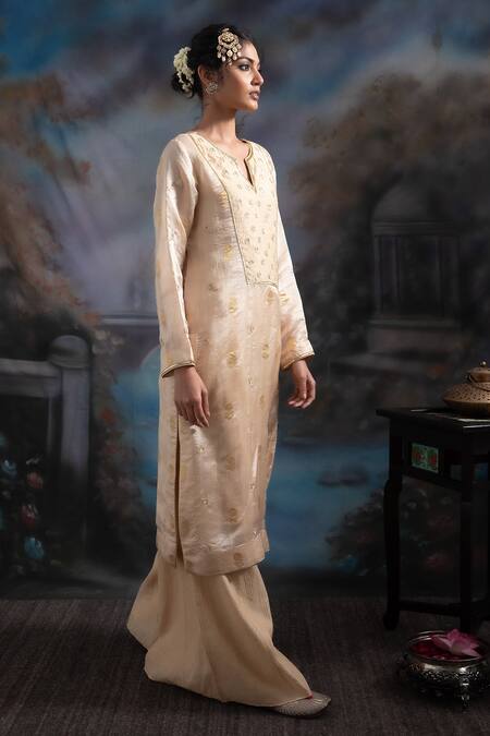 Meesa_Beige Chanderi Silk, Kota Doria Sequins, Zari Split Embroidered Kurta Pant Set _Online_at_Aza_Fashions