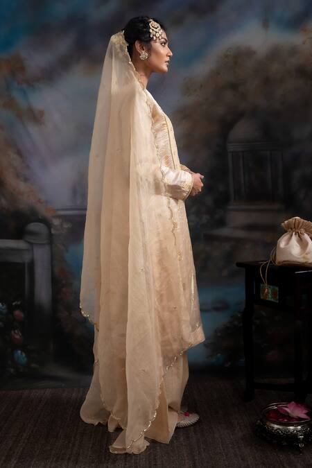 Shop_Meesa_Beige Chanderi Silk, Kota Doria Sequins, Zari Split Embroidered Kurta Pant Set _Online_at_Aza_Fashions