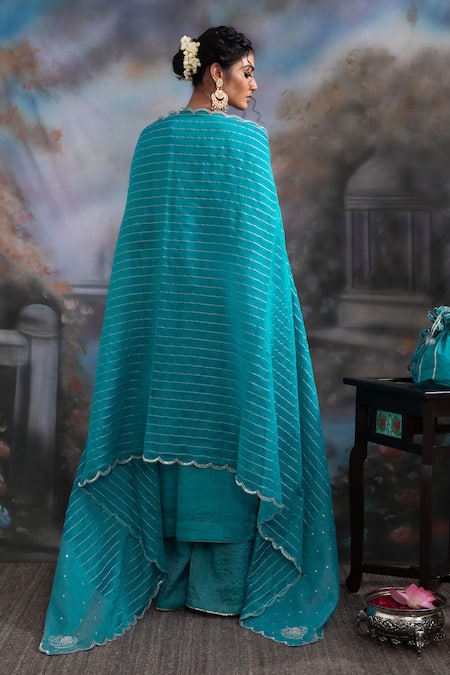 Shop Meesa Blue Cotton, Silk Sequins, Zari Keyhole Embroidered Placket Kurta Palazzo Set at Aza Fashions Shop_Meesa_Blue Cotton, Silk Sequins, Zari Keyhole Embroidered Placket Kurta Palazzo Set _at_Aza_Fashions