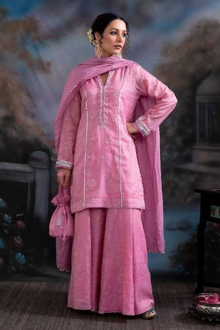 Meesa Pink Cotton, Tissue Sequins, Zari Chaand Embroidered Panel Kurta Palazzo Set 