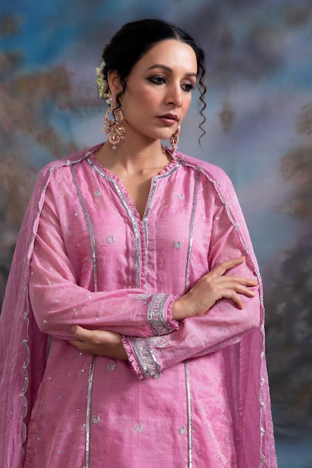 Shop Meesa Pink Cotton, Tissue Sequins, Zari Chaand Embroidered Panel Kurta Palazzo Set Online at Aza Fashions Shop_Meesa_Pink Cotton, Tissue Sequins, Zari Chaand Embroidered Panel Kurta Palazzo Set _Online_at_Aza_Fashions