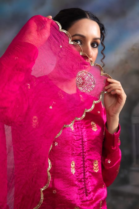 Meesa Pink Chanderi Silk, Kota Doria, Floral Embroidered Pattern Kurta Palazzo Set Online at Aza Fashions Meesa_Pink Chanderi Silk, Kota Doria, Floral Embroidered Pattern Kurta Palazzo Set _Online_at_Aza_Fashions