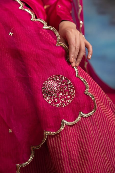 Shop Meesa Pink Chanderi Silk, Kota Doria, Floral Embroidered Pattern Kurta Palazzo Set Online at Aza Fashions Shop_Meesa_Pink Chanderi Silk, Kota Doria, Floral Embroidered Pattern Kurta Palazzo Set _Online_at_Aza_Fashions