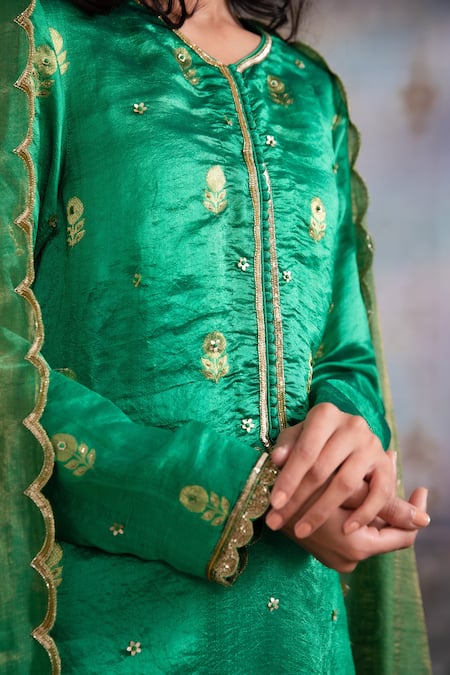 Meesa_Emerald Green Chanderi Silk, Kota Doria Floral Blossom Pattern Kurta Palazzo Set _Online_at_Aza_Fashions