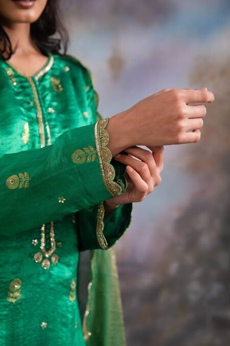 Buy_Meesa_Emerald Green Chanderi Silk, Kota Doria Floral Blossom Pattern Kurta Palazzo Set _Online_at_Aza_Fashions