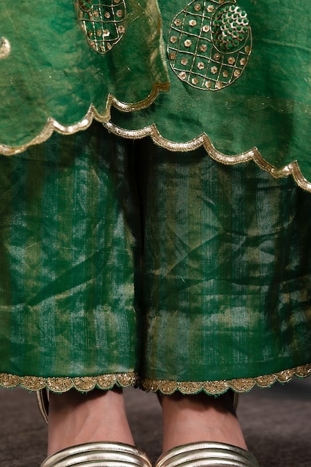 Shop_Meesa_Emerald Green Chanderi Silk, Kota Doria Floral Blossom Pattern Kurta Palazzo Set _Online_at_Aza_Fashions