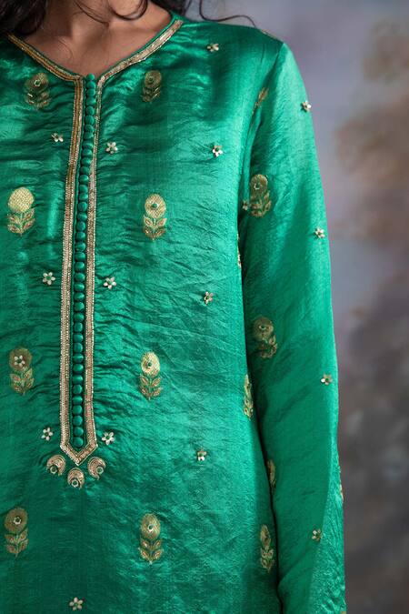 Meesa_Emerald Green Chanderi Silk, Kota Doria Floral Blossom Pattern Kurta Palazzo Set _at_Aza_Fashions