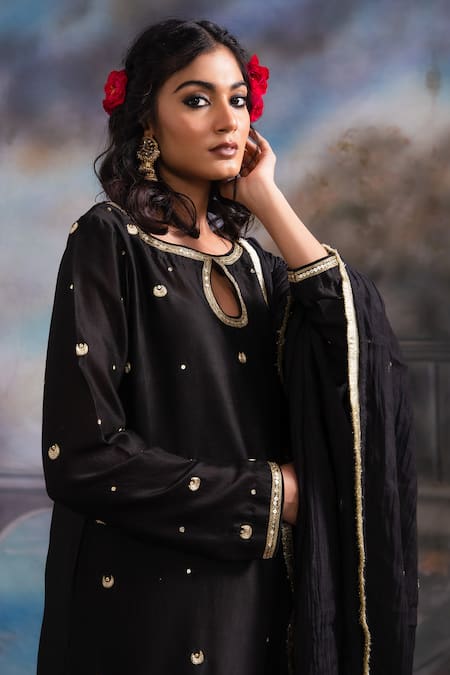 Meesa_Black Chanderi Silk Sequins, Zari Keyhole Neck Embroidered Kurta Pant Set _at_Aza_Fashions