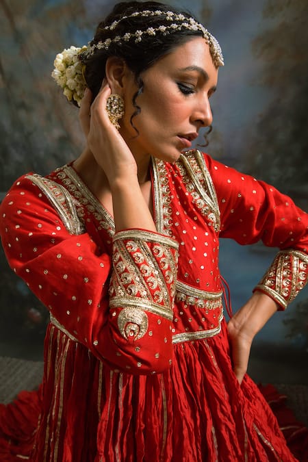 Shop Meesa Red Chanderi Silk, Tissue Sequins, Embellished Angarkha Anarkali With Dupatta Online at Aza Fashions Shop_Meesa_Red Chanderi Silk, Tissue Sequins, Embellished Angarkha Anarkali With Dupatta _Online_at_Aza_Fashions