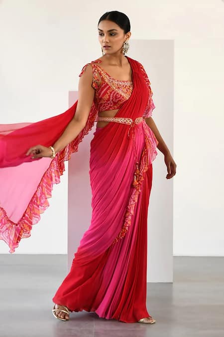 k-anshika Red Georgette Printed Bandhani Scoop Colorblock Pre-draped Saree With Blouse 