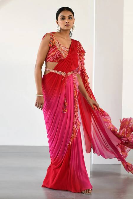 Shop K-Anshika Red Georgette Printed Bandhani Scoop Colorblock Pre-draped Saree With Blouse Online at Aza Fashions Shop_K-Anshika_Red Georgette Printed Bandhani Scoop Colorblock Pre-draped Saree With Blouse _Online_at_Aza_Fashions