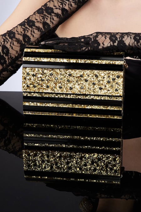 House Of Bio_Black Embellished Marie Gold Rectangle Shaped Clutch _at_Aza_Fashions
