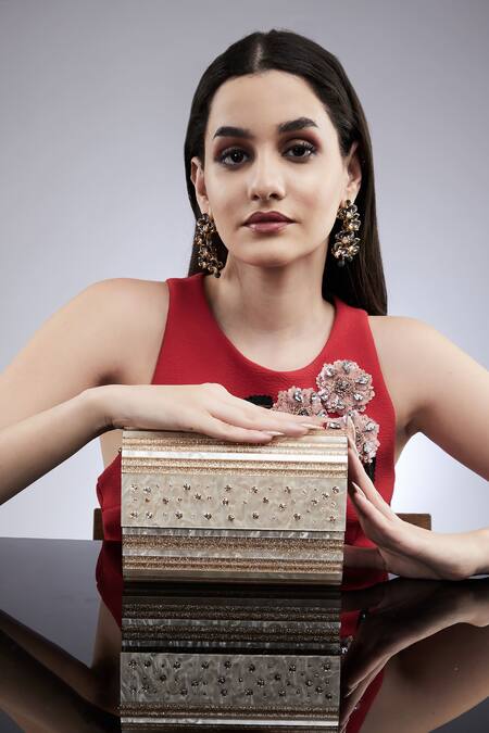 House Of Bio_Pink Embellished Marie Gold Swarovski Clutch_at_Aza_Fashions