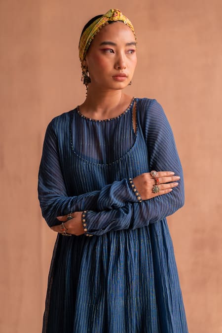 Swatti Kapoor Blue 40gm Chanderi Printed And Hand Embroidered Brij Block Anarkali