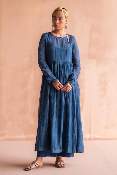 Buy_Swatti Kapoor_Blue 40gm Chanderi Printed And Hand Embroidered Brij Block Anarkali  