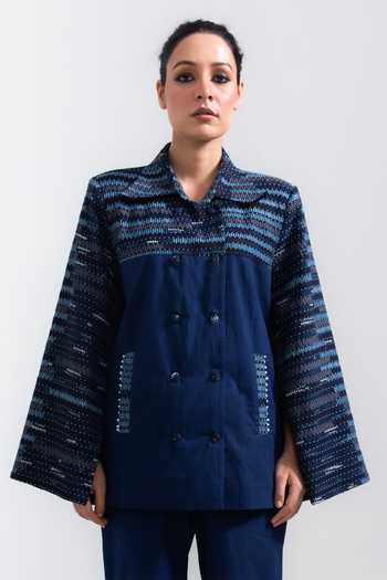 Buy Meesa Blue Embroidery Collared French Knot Yoke Shirt at Aza Fashions Buy_Meesa_Blue Embroidery Collared French Knot Yoke Shirt_at_Aza_Fashions