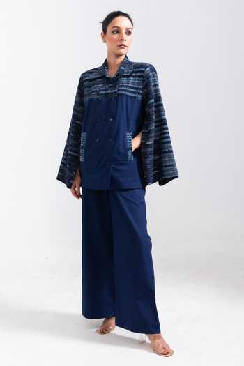 Meesa Blue Embroidery Collared French Knot Yoke Shirt Online at Aza Fashions Meesa_Blue Embroidery Collared French Knot Yoke Shirt_Online_at_Aza_Fashions