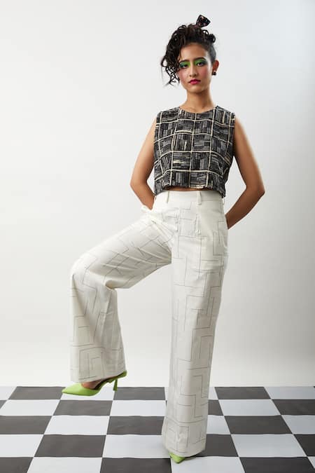 Meesa Thread Embroidered Crop Top With Pant 