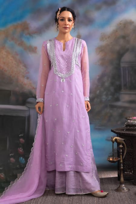 Meesa Purple Pure Katan Silk Embroidered Sequin Chand Kurta Palazzo Set  
