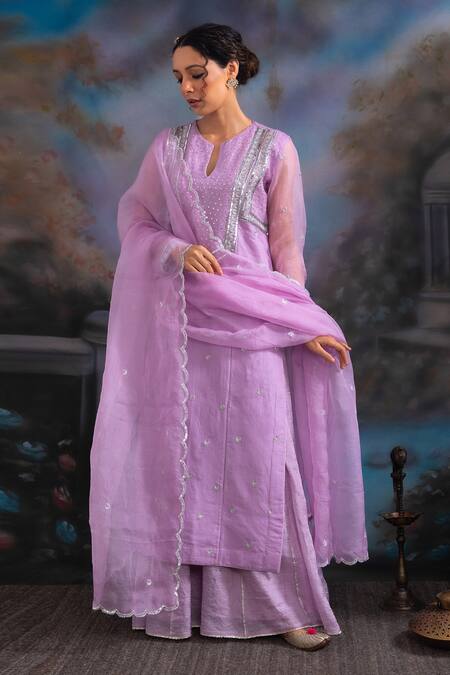 Shop Meesa Purple Pure Katan Silk Embroidered Sequin Chand Kurta Palazzo Set Online at Aza Fashions Shop_Meesa_Purple Pure Katan Silk Embroidered Sequin Chand Kurta Palazzo Set _Online_at_Aza_Fashions