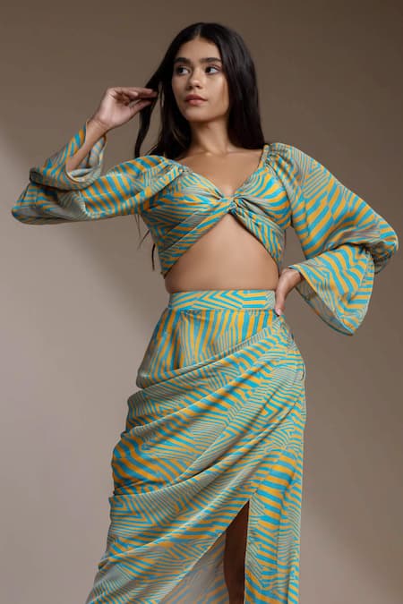 Shop_Mamicha_Blue Satin, Georgette Off-shoulder Valencia Stripe Print Crop Top With Skirt_Online_at_Aza_Fashions