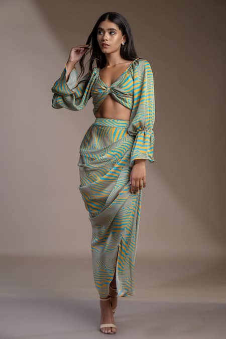 Buy_Mamicha_Blue Satin, Georgette Off-shoulder Valencia Stripe Print Crop Top With Skirt