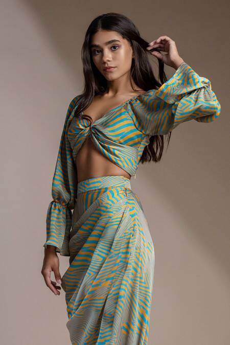 Buy_Mamicha_Blue Satin, Georgette V-neck Stripe Print Crop Top_Online_at_Aza_Fashions
