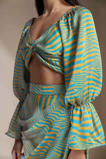 Mamicha_Blue Satin, Georgette V-neck Stripe Print Crop Top_at_Aza_Fashions