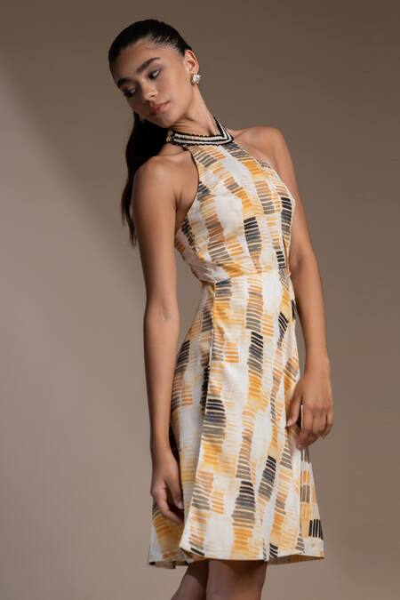 Mamicha_Yellow Crepe Halter Neck Belarus Cut Out Dress_Online_at_Aza_Fashions