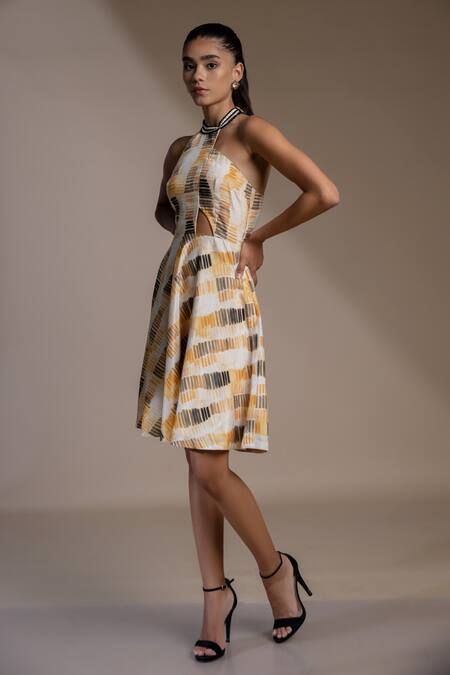 Buy_Mamicha_Yellow Crepe Halter Neck Belarus Cut Out Dress_Online_at_Aza_Fashions