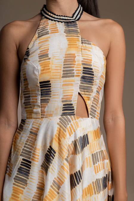 Shop_Mamicha_Yellow Crepe Halter Neck Belarus Cut Out Dress_Online_at_Aza_Fashions
