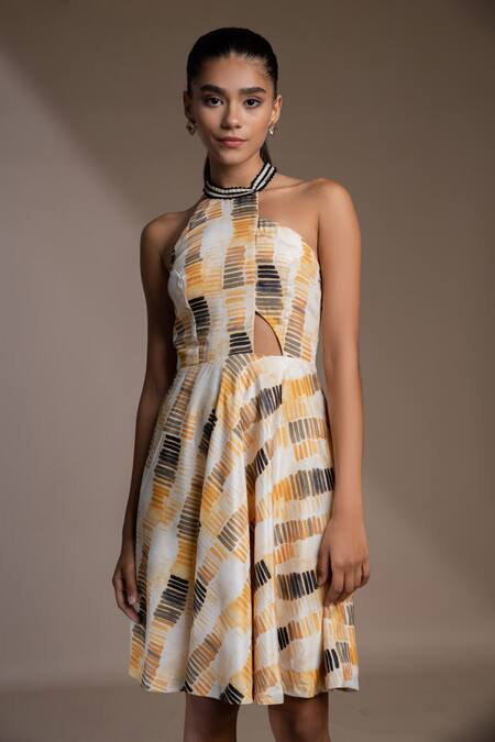 Mamicha_Yellow Crepe Halter Neck Belarus Cut Out Dress_at_Aza_Fashions