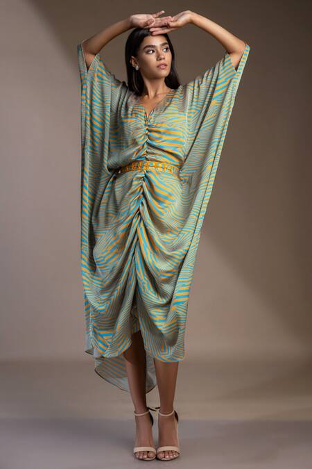 Mamicha_Blue Georgette Buckles V-neck Nairobi Stripe Pattern Kaftan Dress_Online_at_Aza_Fashions