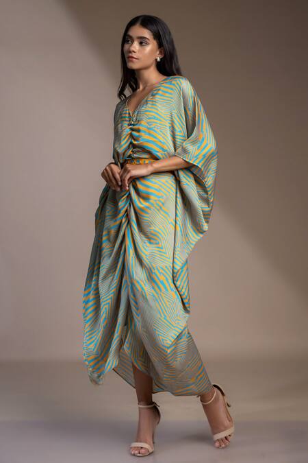 Buy_Mamicha_Blue Georgette Buckles V-neck Nairobi Stripe Pattern Kaftan Dress_Online_at_Aza_Fashions