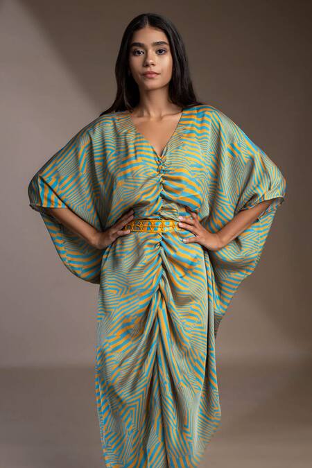 Shop_Mamicha_Blue Georgette Buckles V-neck Nairobi Stripe Pattern Kaftan Dress_Online_at_Aza_Fashions